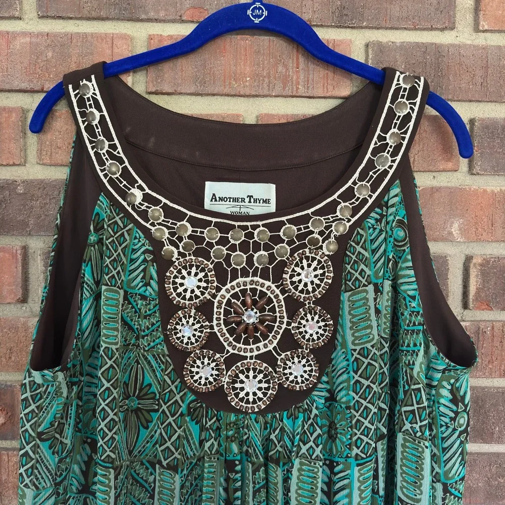 Another Thyme Dress Teal‎ Brown Geometric Beaded Neckline Sleeveless Boho 16W